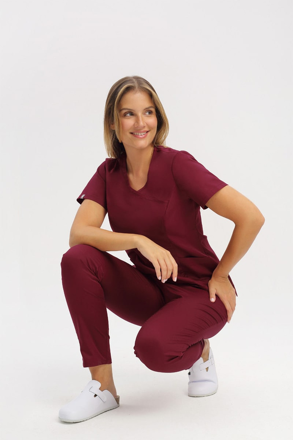 Women's medical scrub top BL 60, burgundy, short sleeve, Comfort Stretch