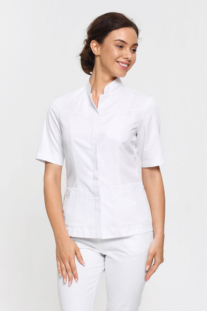 Women's medical jacket with stand-up collar ZA 03, white, short sleeve, Premium